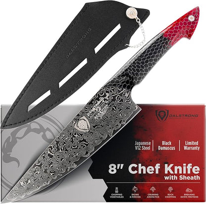 Dalstrong Chef Knife - 8 inch Blade - AUS-12V Exclusive Japanese Steel - Black Damascus Full Tang - Honeycomb Handle - Chef's Knife - Scorpion Series - Razor Sharp Kitchen - Leather Sheath