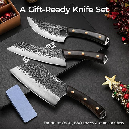 Hand Forged Butcher Knife Set, 7" Meat Cleaver + 8" Chef Knife + 6" Viking Knife, Full Tang High Carbon Steel, Wooden Handle, Whetstone, Durable for Meat Cutting, BBQ and Outdoor Cooking
