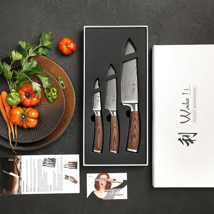 Wakoli EDIB 3-Piece Damascus Knife Block Set with Magnetic Knife Block – Chef Knives Set with 3.4" - 6.7" Blades, 67-Layer Damascus Steel (VG10 Core), Kitchen Knives with Pakkawood Handles