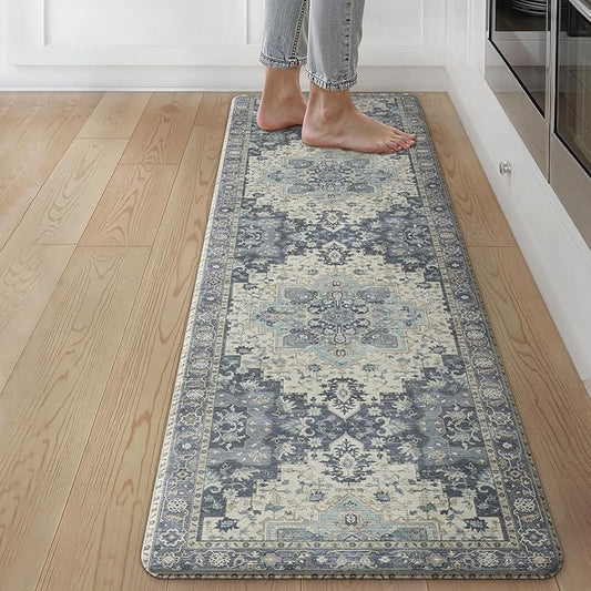 GENIMO Kitchen Mats for Floor, Washable Anti Fatigue Mat for Cushioned, 17.3"x59", Waterproof Kitchen Rugs, Non Slip Foam Comfort Standing Mat Rug for Home, Runner, Sink, Laundry, Center Blue