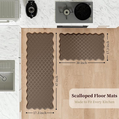 Arenarug Upgrade Scalloped Embossed Kitchen Mats for Floor 2PCS Cushioned Anti Fatigue Waterproof Foam Kitchen Rugs Non Slip Washable Comfort Standing Mat for Office Sink Laundry, Brown