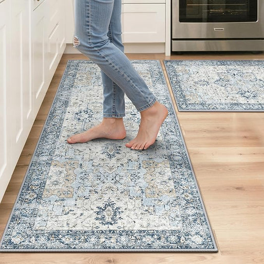 GENIMO Kitchen Rugs Non Slip Washable, 2PCS Kitchen Mats for Floor, Cushioned Standing Mat, Kitchen Runner Rug Floor Mat for Kitchen Decor, Laundry, Sink, Entryway, Home, 20"x32"+20"x48", Blue