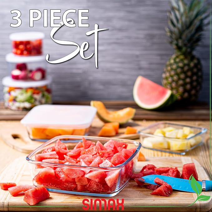 SIMAX Square Glass Food Storage Containers With Lids: Meal Prep Container Glass - Made with Borosilicate Glass - Set of 3 Glass Food Prep Containers With Lids Airtight - Small, Medium And Large