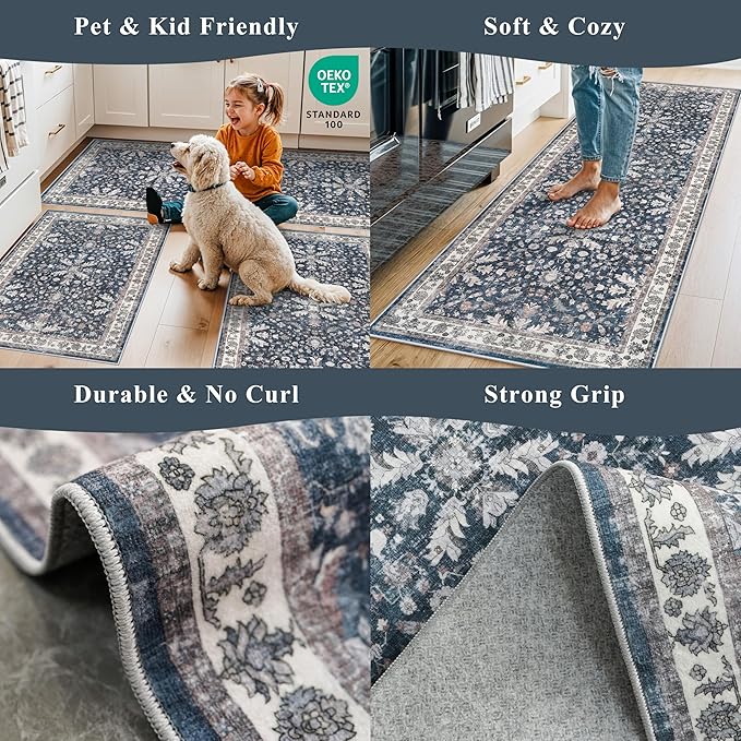 2x8ft Washable Non Slip Kitchen Rugs – Boho Floral Stain-Resistant Low-Pile Floor Carpet Runner for Hallway, Bathroom, Bedroom, Entryway (Blue, 2x8)