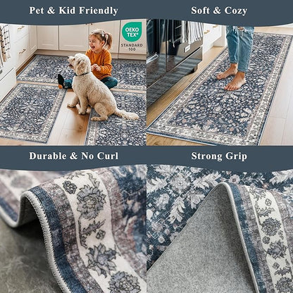 2x8ft Washable Non Slip Kitchen Rugs – Boho Floral Stain-Resistant Low-Pile Floor Carpet Runner for Hallway, Bathroom, Bedroom, Entryway (Blue, 2x8)