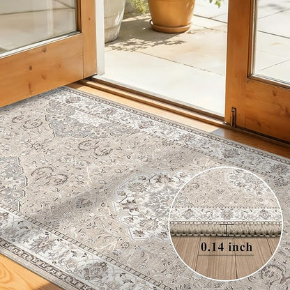 Washable 2x3 Entryway Area Rug - Neutral Kitchen Rug Runner Vintage Soft Floor Mat Non Slip Indoor Farmhouse Carpet for Bathroom Living Room Bedroom (2 X 3, Beige)