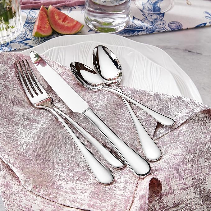 KEAWELL Premium Verona 45-Piece Silverware Set for 8 – Heavy Duty 18/10 Stainless Steel, Brilliant Mirror Finish, Smooth Edges, Dishwasher Safe (45, Silver)