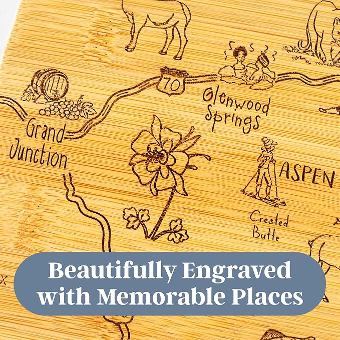 Totally Bamboo Destination Colorado Shaped Cutting Board – Bamboo Charcuterie and Serving Board with Hang Tie for Wall Display