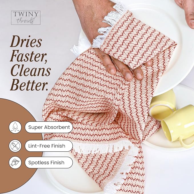 TWINY threads Kitchen Dish Towel Chevron Weave, Premium Large 100% Cotton Kitchen Linen Set, Dish Rags and Wash Rags, Absorbent Quick Drying, Washable Reusable, Pack of 12, 16 x 26 Inch, Rust