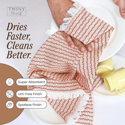 TWINY threads Kitchen Dish Towel Chevron Weave, Premium Large 100% Cotton Kitchen Linen Set, Dish Rags and Wash Rags, Absorbent Quick Drying, Washable Reusable, Pack of 12, 16 x 26 Inch, Rust