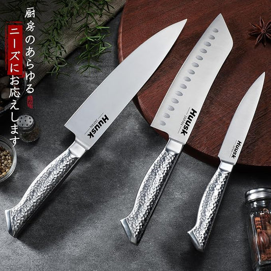 Huusk Chef Knife Set of 3, Japanese Stainless Steel Knife Set Dishwasher Safe, Ultra Sharp Kitchen Knives Sets with Ergonomic Anti-slip Handle, Professional Cooking Knives Sets, Christmas Gift for Men