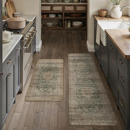 Vintage Kitchen Mats for Floor Anti Fatigue Waterproof Kitchen Rugs Sets of 2 Green Brown Cushioned Non-Slip Kitchen Mats Comfort Standing Mat for Sink Laundry Office 17.3"×47"+17.3"×30"