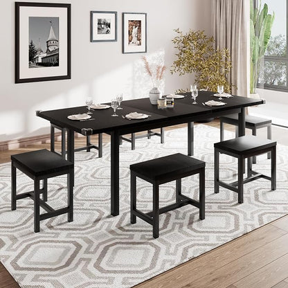 iPormis 7-Piece Extendable Dining Table Set with 6 Stools, 63" Kitchen Table Set for 4-8, Modern Dining Room Table with Sturdy Metal Frame, Space-Saving Dinette, Black
