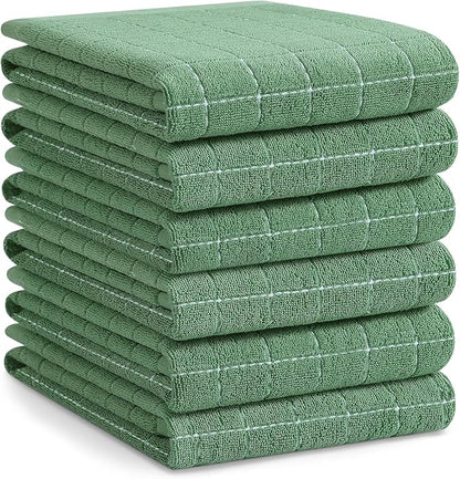 Homaxy 100% Cotton Terry Kitchen Towels(Grass Green, 20 x 28 inches), Checkered Designed, Soft and Super Absorbent Dish Towels, Large 6 Pack