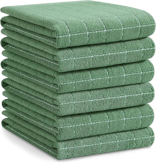 Homaxy 100% Cotton Terry Kitchen Towels(Grass Green, 20 x 28 inches), Checkered Designed, Soft and Super Absorbent Dish Towels, Large 6 Pack