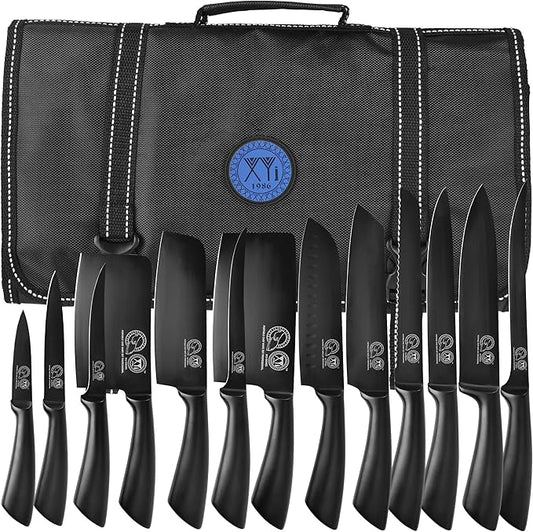 XYJ Knives,Professional Knife Sets for Master Chefs,Meat Cleaver Butcher for Camping,Chef Knife Set with Bag (Full Black)