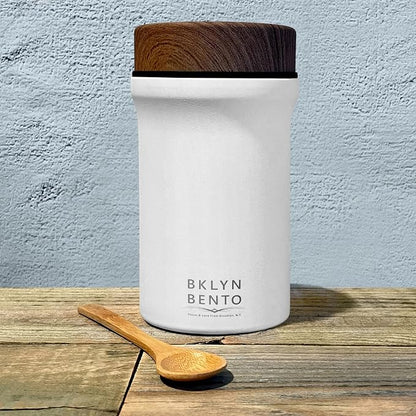 Insulated Food Jar with Bamboo Spoon: Wide Mouth 18/8 Stainless Steel Lunch Container for Hot Soup & Food, Leakproof Vacuum Metal Flask (20oz, Snow Crystal / White)