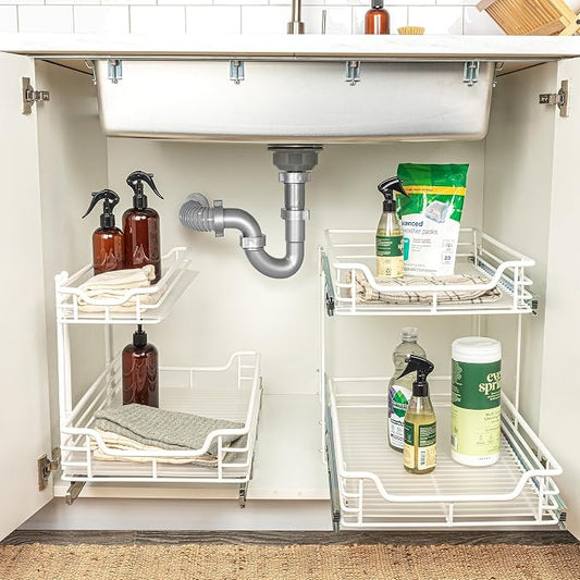 Household Essentials Glidez Multipurpose Paint-Finished Steel Pull-Out/Slide-Out Storage Organizer for Under Cabinet Use - 2-Tier Design - Fits Standard Size Cabinet or Shelf, White