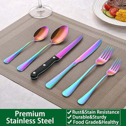 Rainbow 24 Pieces Stainless Steel Silverware Sets With Steak Knives Service For 4,Colorful Eating Utensils Set Includes Knife Spoon Fork For Kitchen Flatware Sets