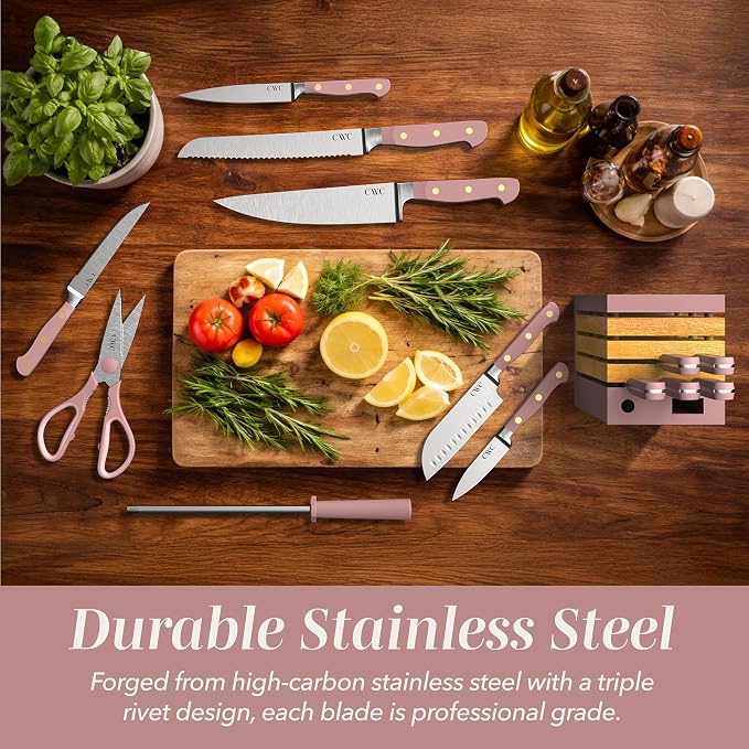 COOK WITH COLOR 14 Pieces Kitchen Knife Block Set, Knives for Kitchen, Forged Cutlery with Razor-Sharp High Carbon Steel Blades, Magnetic Block