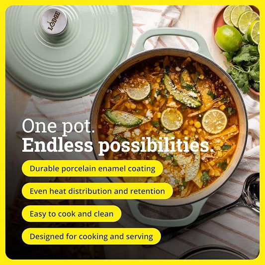 Lodge Essential Enamel Cast Iron Dutch Oven 6 Quarts - Perfect for Bread Baking, Braising, Marinating & Slow Cooking, Features Moisture-Sealing Lid & Dual Handles, Kitchen Essentials, Desert Sage