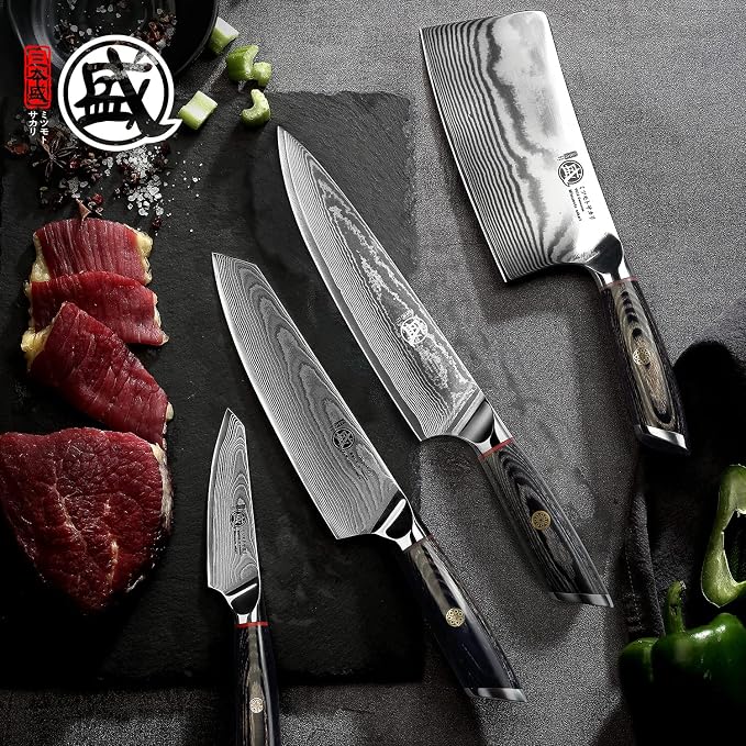MITSUMOTO SAKARI Cleaver Chef Knife 7 inch - 67-Layer AUS-10 Damascus Steel, Hand Forged Japanese Meat Boning Knives, PakkaWood Handle & Sandalwood Box