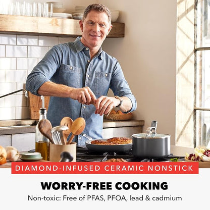 GreenPan x Bobby Flay 1.67QT Nonstick Saucepan with Glass Lid, PFAS-Free Diamond Ceramic, Induction Suitable, Stay-Cool Silicone Handle, Easy Clean Dishwasher & Oven Safe, Chef Pan, Graphite
