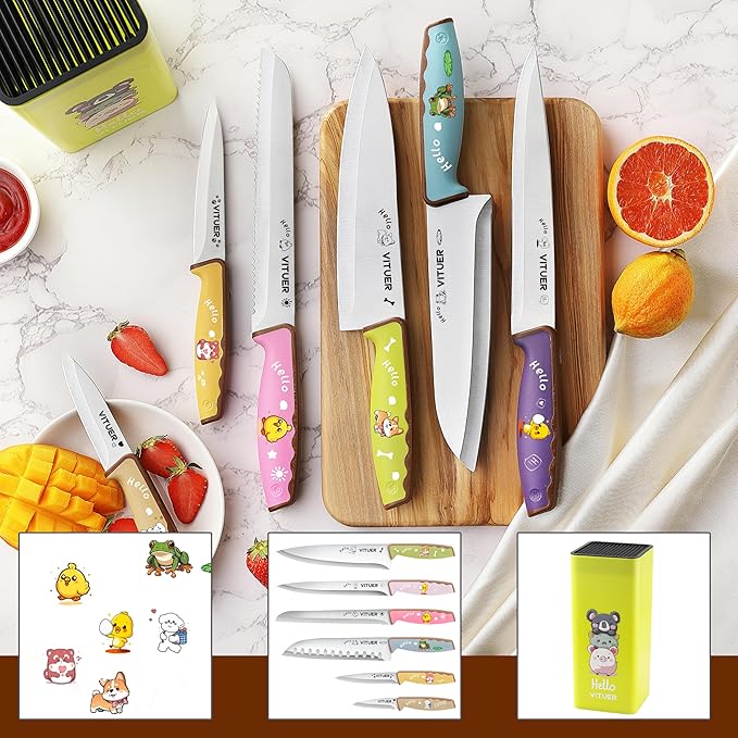 Knife Set, Vituer 7PCS Stainless Steel Kitchen Knife Block Set, Dishwasher Safe (Stylish Animal Characters)