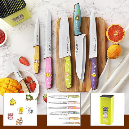 Knife Set, Vituer 7PCS Stainless Steel Kitchen Knife Block Set, Dishwasher Safe (Stylish Animal Characters)