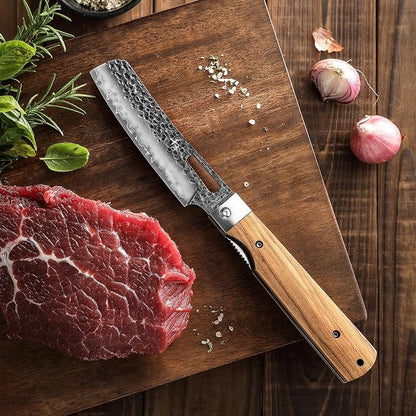 SENBON Forged 440A Super Sharp Pocket Folding Chef Knife Peeling Practical Knife Fruit Knife Natural Olive Handle Camping Barbecue Outdoor Portable Kitchen Knife