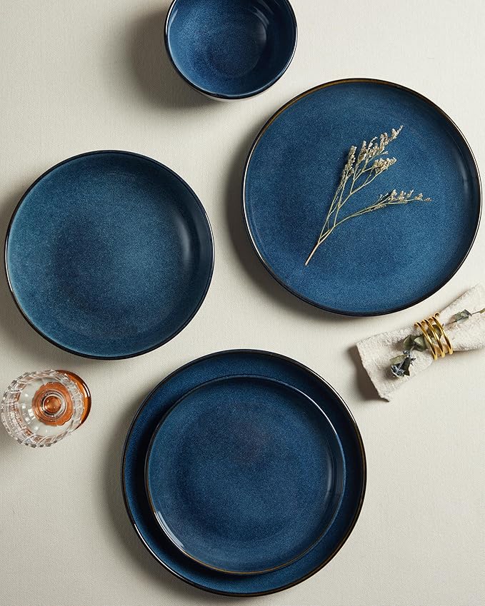 Pokini 24 Piece Dinnerware Sets for 8, Modern Stoneware Plates and Bowls Setst, Perfect for Family Gatherings & Holiday Celebrations, Easy Cleaning Dishes Set, Stack Compactly Dishware, Starry Blue