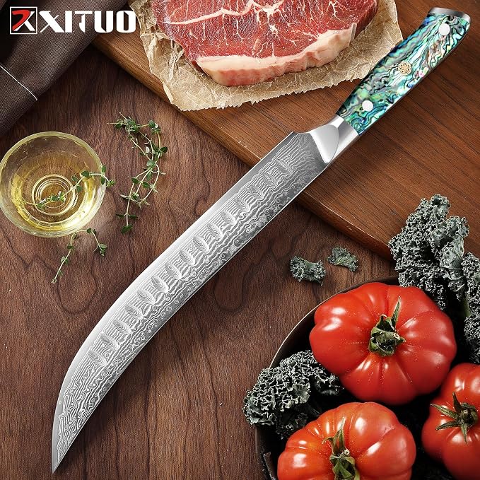 XITUO 10" Cimitar Breaking Butcher Knife, Japanese VG10 Damascus Steel Meat Processing Knife, Full Tang Razor Sharp Blade, Ergonomic Abalone Shell Handle Dazzling Series (10 inch Cimitar Ham knife)
