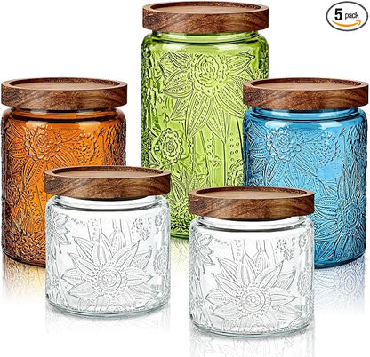 Gerrii Multicolor Sunflower Round 5 Pcs Vintage Glass Food Storage Containers 17/24/34 oz Glass Jar with Lid Airtight Candy Food Canisters for Kitchen Counter Pantry Coffee Beans