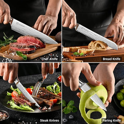 KEEMAKE 14-Piece Knife Set with Block,Ultra Sharp Knife Block Set High Carbon Stainless Steel Kitchen Knife Set Professional Chef Knife Set with Ergonomic Pakkawood Handle and Sharpener