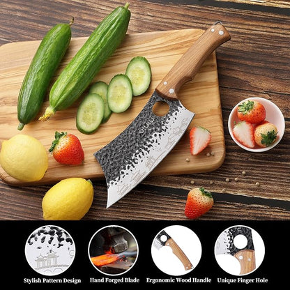 OLULU 3PCS Butcher Knife Set, 7" Butcher Meat Cleaver, 7" Serbian Chef Knife and 6.5" Viking Knife, Kitchen Knife Set with wood Handle, Great for Indoor & Outdoor (Unique Pattern)