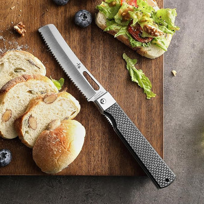 SENBON 440 stainless steel folding bread knife with carbon fiber handle camping barbecue outdoor back clip bread knife