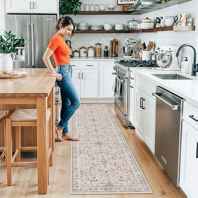 2x8ft Kitchen Runners Rugs Non Skid Washable – Boho Floral Stain-Resistant Low-Pile Carpet Runner for Hallway, Bathroom, Bedroom, Entryway (Beige, 2x8)