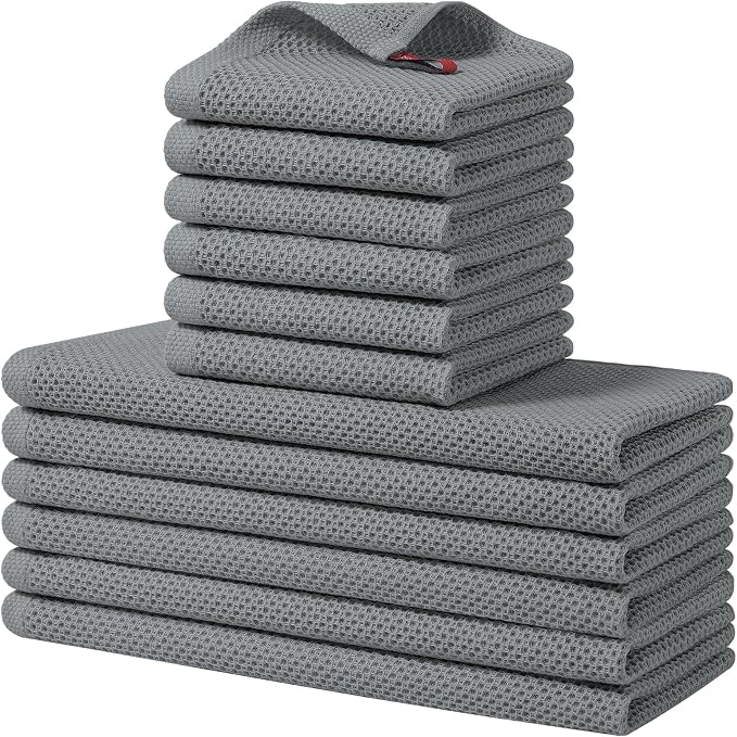 Homaxy 100% Cotton Kitchen Towels and Dishcloths Set, 12 x 12 Inches and 13 x 28 Inches, Set of 12 Bulk Kitchen Towels Set, Ultra Soft Absorbent Dish Cloths for Washing Dishes, Grey