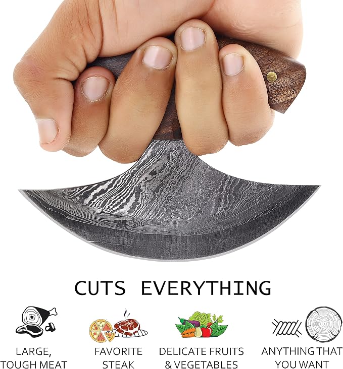 Custom Damascus Steel Ulu Knife Traditional Alaskan Damascus Ulu Knife with sheath Multi-Purpose Pizza Cutter, Vegetable Chopping, Boning Slicing Cutting Walnut Handle Leather Sheath