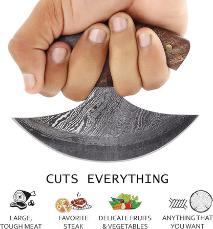Custom Damascus Steel Ulu Knife Traditional Alaskan Damascus Ulu Knife with sheath Multi-Purpose Pizza Cutter, Vegetable Chopping, Boning Slicing Cutting Walnut Handle Leather Sheath