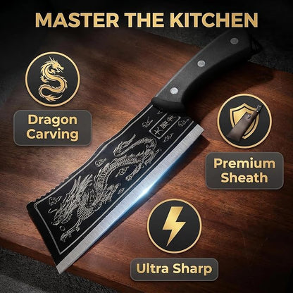 Dragon Engraved Chinese Cleaver with Sheath, High Carbon Stainless Steel Sharp Chef’s Tool for Kitchen, Meat Cleaver, Vegetable or Meat Cutting, Cool for Men, Ideal for Home Cooking or Camping