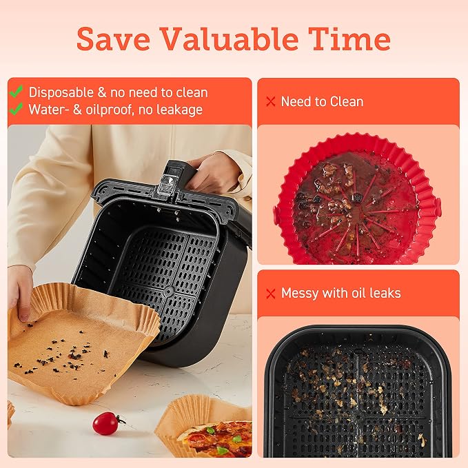 Cosori Air Fryer Liners, 100 PCS Square Disposable Paper Liners, Non-Stick Silicone Oil Coating, Little to No Cleaning, 7.9" Unbleached Food Grade, Resistant to 465°F, Thickened Not Easy to Break
