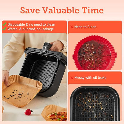 Cosori Air Fryer Liners, 100 PCS Square Disposable Paper Liners, Non-Stick Silicone Oil Coating, Little to No Cleaning, 7.9" Unbleached Food Grade, Resistant to 465°F, Thickened Not Easy to Break