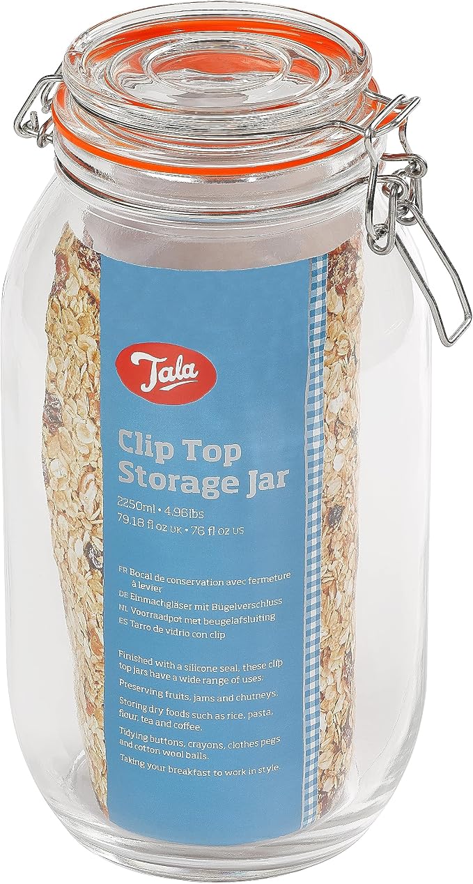 Tala 2.1l Classic Lever Arm Storage Jar Airtight & Versatile Perfect for Storing Foods, Preserving Fresh Goods and reducing Waste, Solid Glass Body - 2100ml Capacity
