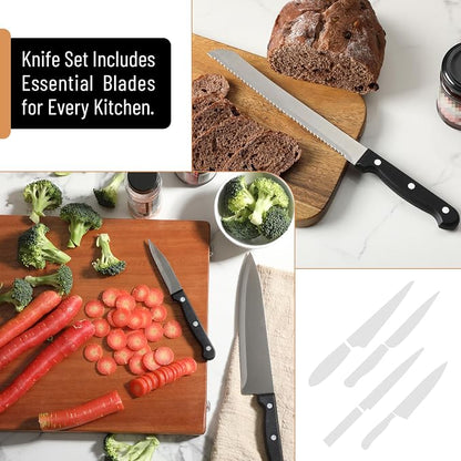 BAMBOO LAND- Kitchen Knife Set, 9 pcs, Stainless Steel Knife Set with Block and Sharpener, Kitchen Knives with Wooden Block