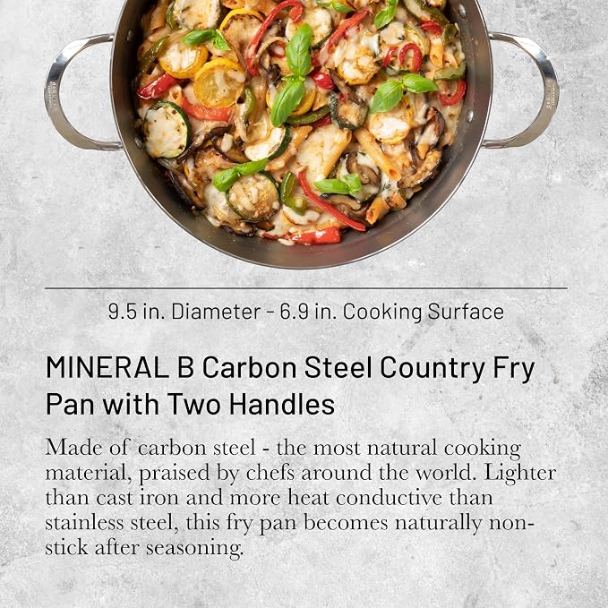 de Buyer MINERAL B Carbon Steel Country Fry Pan with 2 Handles - 9.5” Diameter, 6.9” Cooking Surface - Ideal for Sauteing, Simmering, Deep & Stir Frying - Naturally Non-Stick Finish - Made in France