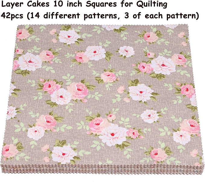 Nodsaw 42 Pcs Layer Cake Fabric Clearance, Layer Cakes 10 inch Squares for Quilting, Pre-Cuts 10" x 10" Fabric Squares for Quilting, Sewing, Patchwork, and DIY Crafts - Vintage Light Brown