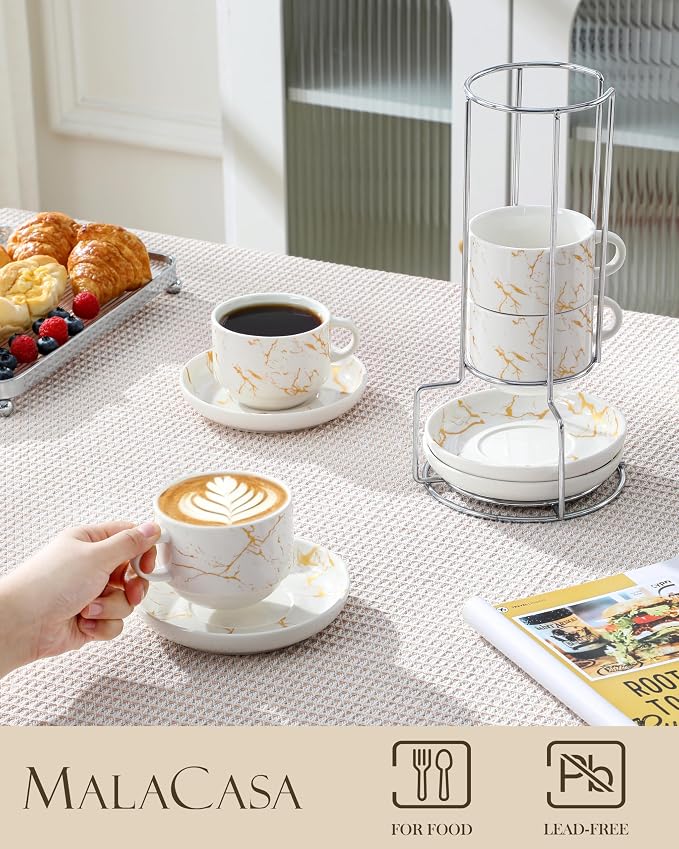 MALACASA 8 OZ Porcelain Espresso Cups with Saucers and Metal Stand Set of 4, Stackable Cappuccino Cups, Marble White Expresso Shots Cup Set for Coffee Drinks, Latte, Tea
