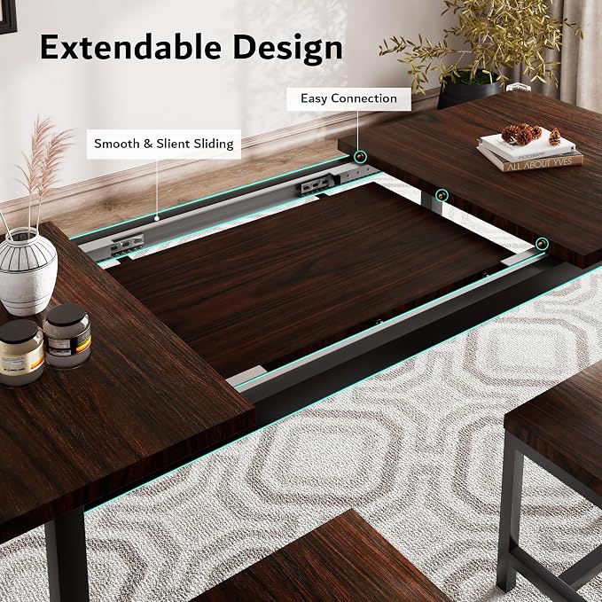 iPormis 7-Piece Dining Table Set with 6 Stools, 63" Extendable Kitchen Table Set for 4-8, Modern Dining Room Table with Sturdy Metal Frame, Space-Saving Dinette, Espresso