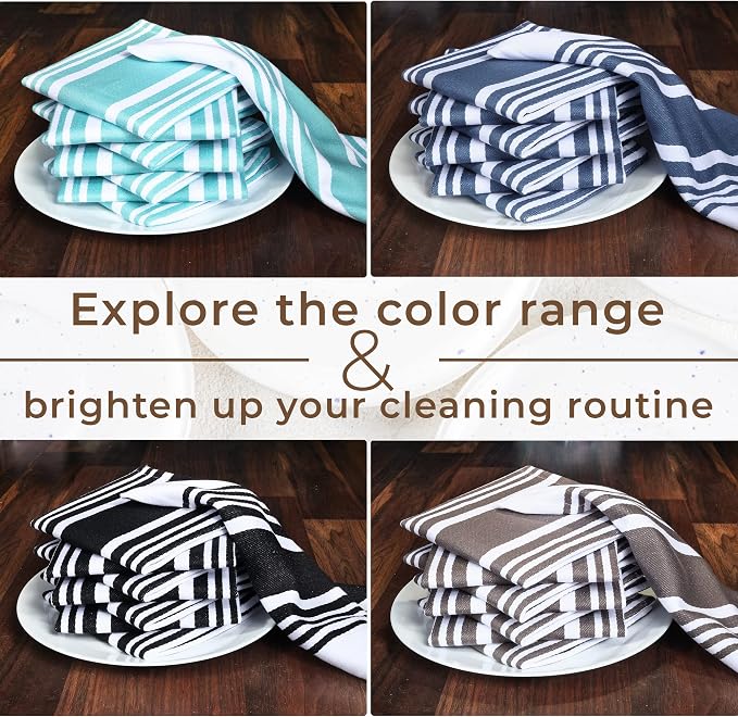 Urban Villa Cotton Dish Cloth Set of 8, Highly Absorbent Super Soft Quick Drying 12x12 Inch Dish Cloths for Kitchen Cleaning & Drying Dishes Mitered Corner Trendy Stripes Kitchen Towels - Grey/White